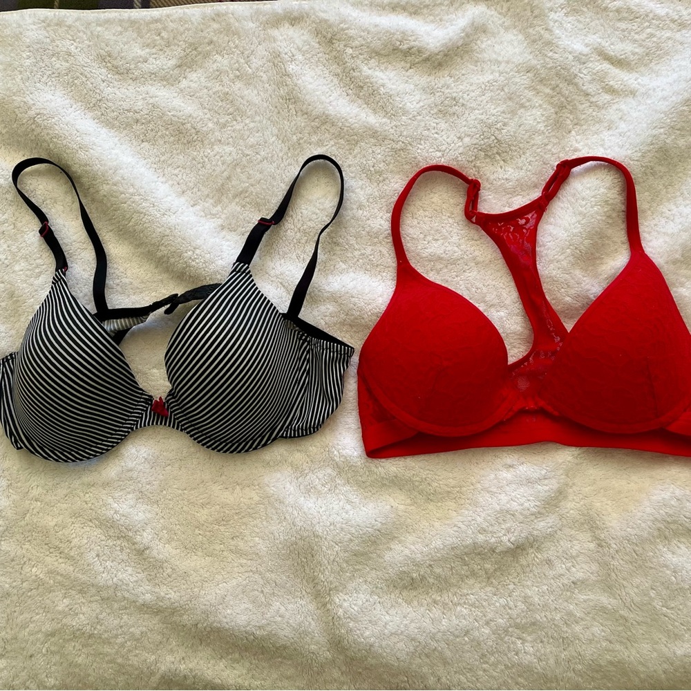 Red Material Girl and Black and white striped Maidenform Bras Intimates
